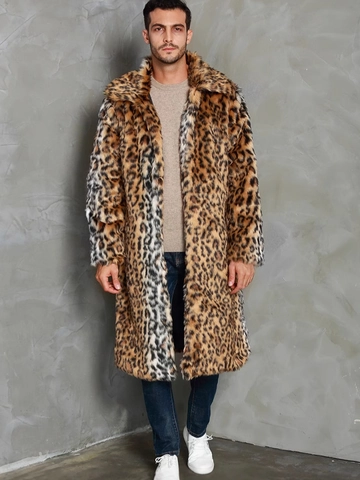 Men Long Leopard Print Faux Fur Coat Thick Warm Winter Lapel Overcoat Luxury Animal Pattern Outerwear For Men