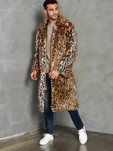 Men Long Leopard Print Faux Fur Coat Thick Warm Winter Lapel Overcoat Luxury Animal Pattern Outerwear For Men
