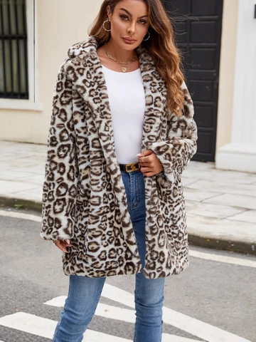 Damen Schicker Kunstpelzmantel Mit Leopardenmuster Langarm Großer Revers Kragen Warme Winterjacke Midi Mantel Streetwear Alltag