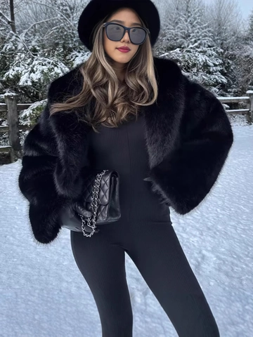 Damen Winter Kunstpelzmantel Übergroßes Revers Künstliche Pelzjacke Warm Langarm Pendler Streetwear Einfarbig Oberbekleidung