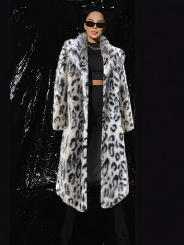 Luxury Women Leopard Print Faux Fur Long Coat Winter Warm Thick Lapel Overcoat Vintage Fashion Shaggy Outerwear With Belt