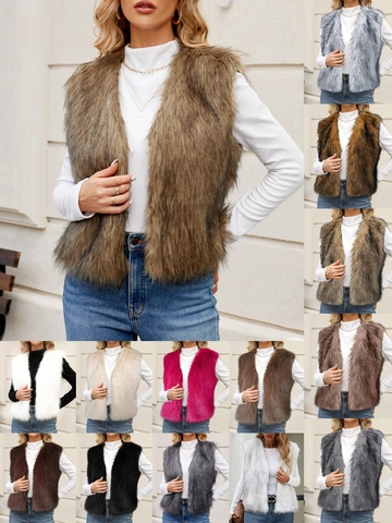 Damen Kunstpelzweste V-Ausschnitt Kurz Ärmellos Taille Mantel Einfarbig Flauschig Kunstpelz Gilet Urban Lässig Mode Oberbekleidung