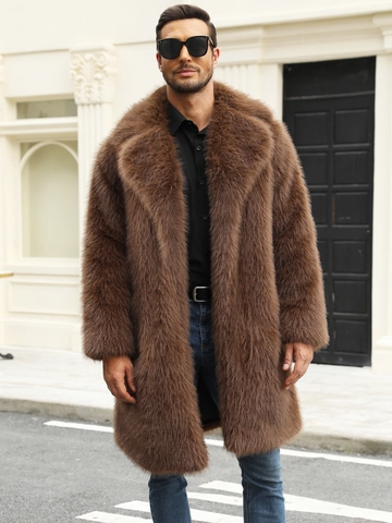 Cappotto da Uomo in Pelliccia Sintetica Invernale Media Lunghezza Collo a Bavero Caldo Soprabito in Peluche Ispessito Stile Britannico Giacca Marrone Dorato