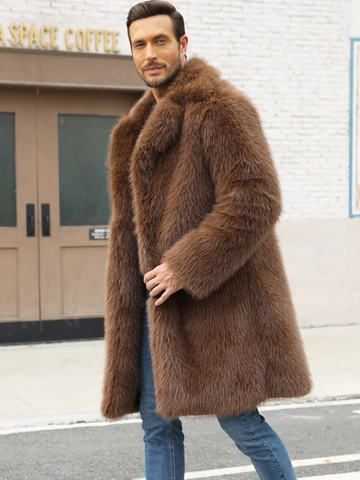 Cappotto da Uomo in Pelliccia Sintetica Invernale Media Lunghezza Collo a Bavero Caldo Soprabito in Peluche Ispessito Stile Britannico Giacca Marrone Dorato