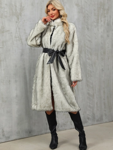Cappotto Lungo Donna in Pelliccia Sintetica con Cintura Collo Rialzato Invernale Caldo Soprabito Elegante Giacca in Finta Pelliccia