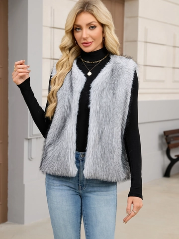 Women Elegant Faux Fur Vest Sleeveless Open Front Winter Warm Waistcoat Shaggy Fake Fur Jacket Commuting Outerwear Ladies