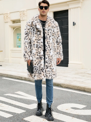 Cappotto Lungo in Pelliccia Ecologica da Uomo con Stampa Leopardata Giacca di Peluche Spessa Soprabito Invernale
