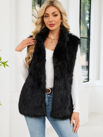 Damen Elegante Mittellange Kunstpelzweste Mit Stehkragen Ärmellos Warme Winterweste Einfarbig Schwarz Kunstfuchsfell Gilet