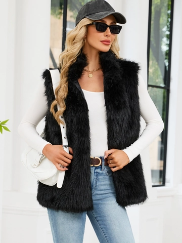 Damen Elegante Mittellange Kunstpelzweste Mit Stehkragen Ärmellos Warme Winterweste Einfarbig Schwarz Kunstfuchsfell Gilet