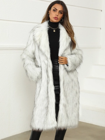 Damen Kunstpelz Langmantel Winter Warm Großes Revers Künstliches Fell Jacke Dicke Übermantel Mit Taschen Eleganter Oberbekleidung