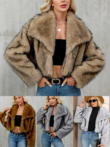 Women Luxury Faux Fur Short Jacket Elegant Lapel Long Sleeve Plush Coat Warm Winter Outwear Striped Animal Pattern