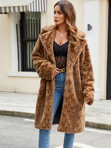 Damen Elegant Schlangenmuster Kunstpelzmantel Mit Revers Langarm Winter Warm Schlanke Passform Langer Übermantel Mode Oberbekleidung