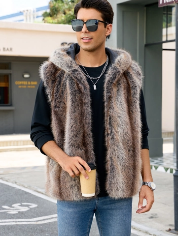 Chaleco Casual de Piel Sintética con Capucha para Hombre Otoño Invierno Chaleco de Felpa Cálido Chaqueta sin Mangas