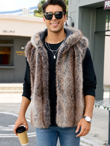 Chaleco Casual de Piel Sintética con Capucha para Hombre Otoño Invierno Chaleco de Felpa Cálido Chaqueta sin Mangas