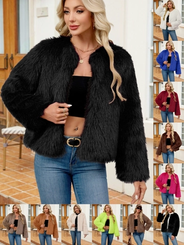 Women Faux Fur Coat Shaggy Fluffy Short Jacket Elegant Warm Long Sleeve Open Front Outwear Autumn Winter