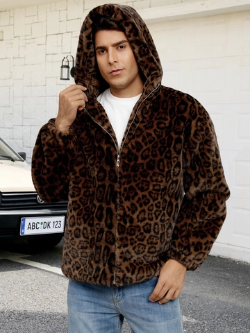 Men's Leopard Print Faux Fur Hooded Jacket Winter Warm Thick Plush Coat With Zipper Outdoor Streetwear Outerwear