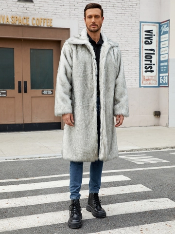 Men Luxury Faux Fur Coat Thick Warm Winter Long Overcoat Loose Fit Large Lapel Grey White Mixed Animal Texture Jacket