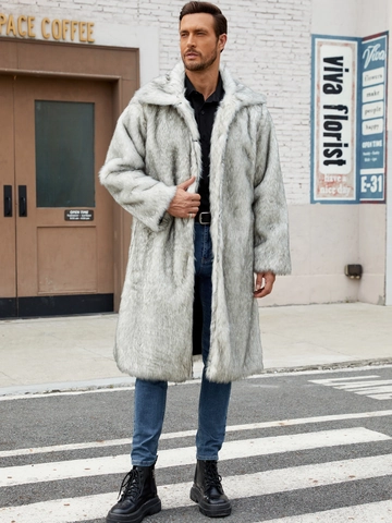 Men Luxury Faux Fur Coat Thick Warm Winter Long Overcoat Loose Fit Large Lapel Grey White Mixed Animal Texture Jacket