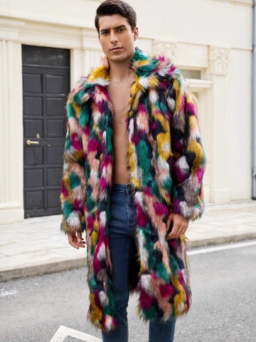 Ανδρικό Street Fashion Πολύχρωμο Patchwork Τεχνητή Γούνα Μακρύ Παλτό Χειμερινό Ζεστό Παχύ Πέτο Μπουφάν Εξωτερικά Ενδύματα