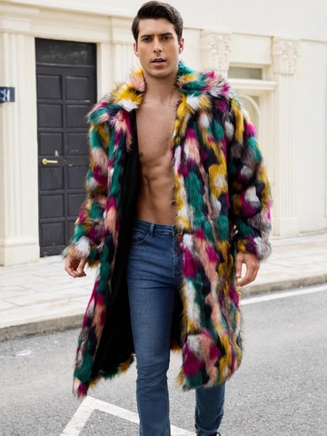 Ανδρικό Street Fashion Πολύχρωμο Patchwork Τεχνητή Γούνα Μακρύ Παλτό Χειμερινό Ζεστό Παχύ Πέτο Μπουφάν Εξωτερικά Ενδύματα