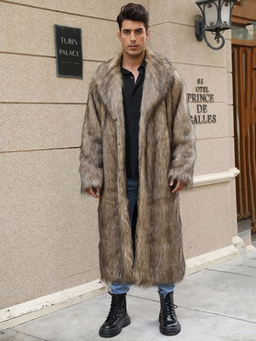 Men's Faux Fur Long Coat Winter Warm Streetwear Lapel Single Breasted Thick Overcoat Urban Fashion Outerwear For Men