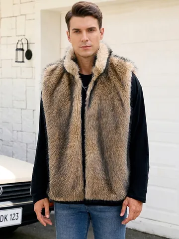 Men's Faux Fur Vest Artificial Fur Stand Collar Sleeveless Waistcoat Casual Streetwear Autumn Winter Furry Outerwear Top