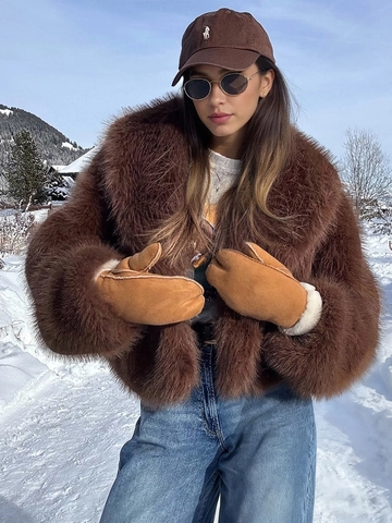 Women's Faux Fur Coat Winter Thickened Warm Lapel Jacket Long Sleeve Casual Solid Color Plush Outerwear Fashion Top