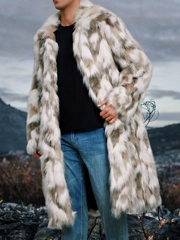 Men Long Faux Fur Coat Winter Warm Jacket Mottled Pattern Lapel Single Breasted Urban Fashion Slim Overcoat Heavy Outerwear