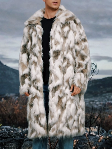 Men Long Faux Fur Coat Winter Warm Jacket Mottled Pattern Lapel Single Breasted Urban Fashion Slim Overcoat Heavy Outerwear