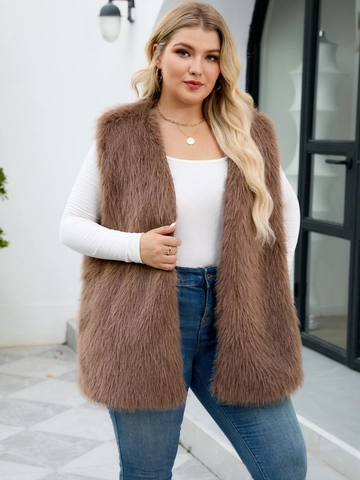 Damen Kunstpelz Weste Mittellang V-Ausschnitt Ärmellos Offene Front Warme Strickweste Übergröße Elegante Winter Außenbekleidung Mantel