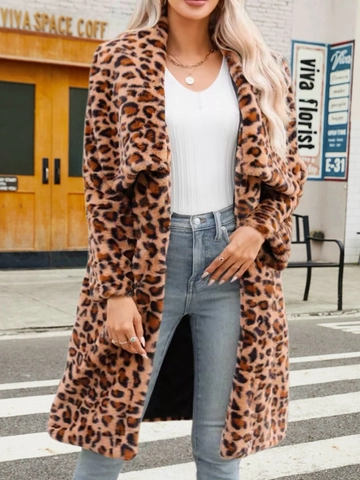 Damen Leopardenmuster Kunstpelz Mantel Langarm Revers Dick Warm Winterbekleidung Lässig Mode Plüsch Übermantel
