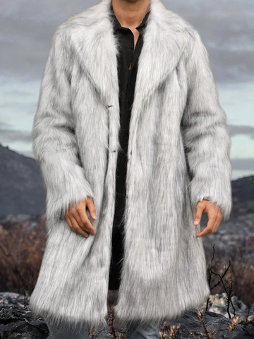 Cappotto in Pelliccia Sintetica da Uomo Urban Fashion Peluche Lungo Grigio Collo Revers Monopetto Invernale Caldo Lussuosa Giacca
