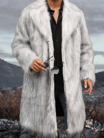 Cappotto in Pelliccia Sintetica da Uomo Urban Fashion Peluche Lungo Grigio Collo Revers Monopetto Invernale Caldo Lussuosa Giacca