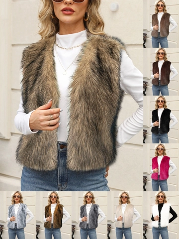 Women's Casual Faux Fur Vest Sleeveless V-Neck Warm Plush Waistcoat Artificial Fur Open Front Vest For Autumn Winter
