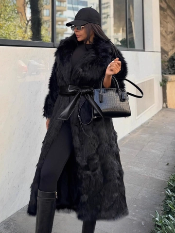 Women's Long Faux Fox Fur Coat Winter Warm Thick Outerwear With Belt Loose Streetwear Fashion Black Overcoat