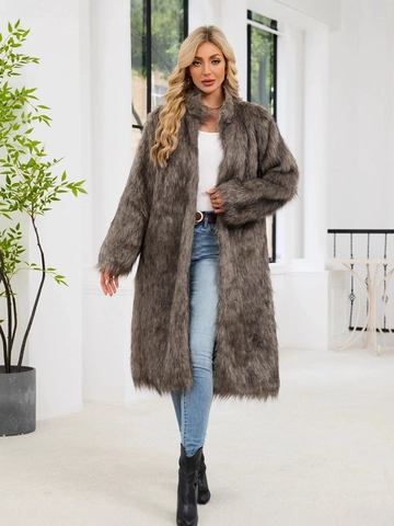 Cappotto Lungo in Pelliccia Sintetica Elegante Donna Autunno Inverno Grigio Marrone Giacca in Volpe Sintetica Calda