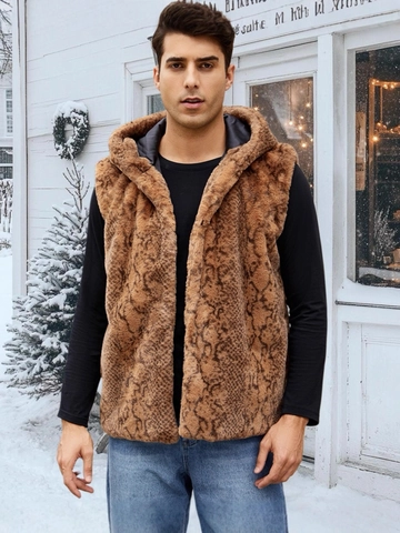 Gilet da Uomo in Pelliccia Sintetica con Cappuccio Moda Leopardo Stampa Serpente Giacca Senza Maniche Caldo Streetwear