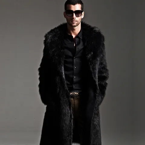 Men's Luxury Faux Fur Coat Winter Warm Long Sleeve Overcoat Lapel Collar Single Breasted Medium Long Hairy Outwear Jacket