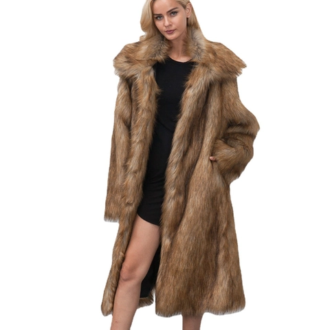 Women Elegant Long Faux Fur Coat Winter Warm Thick Plush Jacket Luxury Square Collar Slim Fit Overcoat For Party Banquet