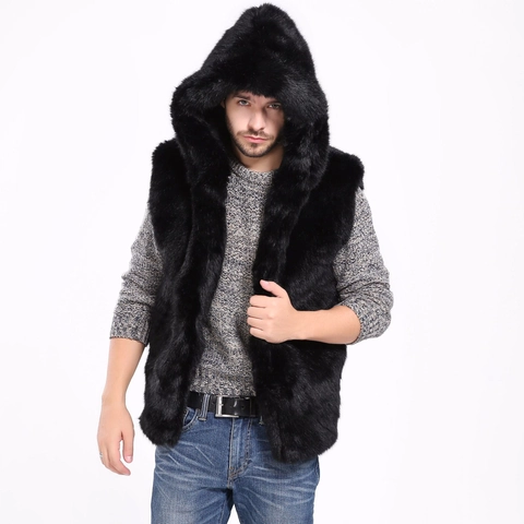 Gilet da Uomo di Lusso in Pelliccia Sintetica con Cappuccio Senza Maniche Slim Fit Caldo Gilet Invernale Streetwear Capospalla
