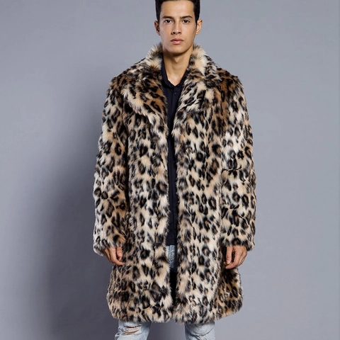 Herren Leopardenmuster Kunstpelz Mantel Mittellang Anzugkragen Dick Warm Winterjacke Streetwear Mode Mantel