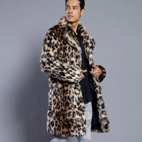 Herren Leopardenmuster Kunstpelz Mantel Mittellang Anzugkragen Dick Warm Winterjacke Streetwear Mode Mantel