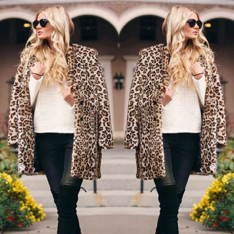 Cappotto in Pelliccia Sintetica Leopardata da Donna Autunno Inverno Moda Mezza Lunghezza con Rever Giacca in Pelliccia Artificiale