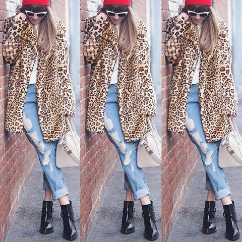 Damen Kunstpelzmantel mit Leopardenmuster Herbst Winter Mode Mittellang Reverskragen Dicke Kunstfelljacke Oberbekleidung