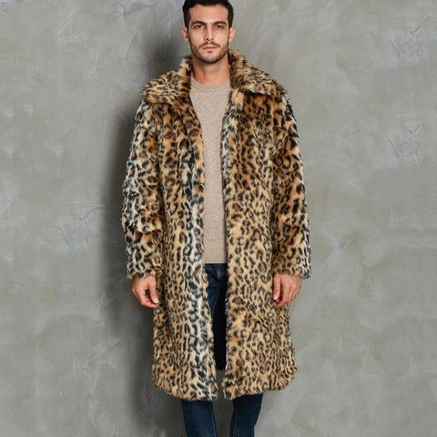 Men Leopard Print Faux Fur Long Coat Winter Warm Turn Down Collar Slim Fit Luxurious Streetwear Overcoat For Men