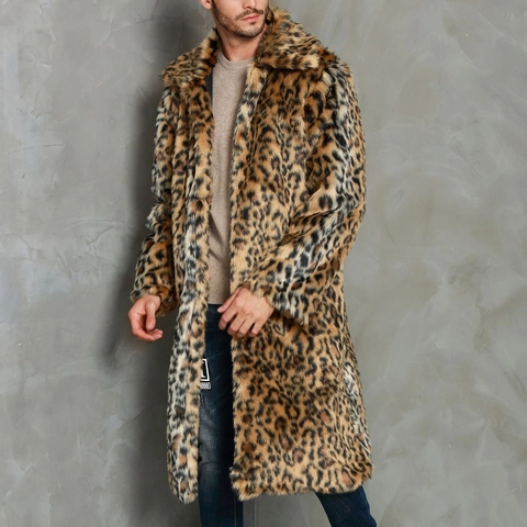 Men Leopard Print Faux Fur Long Coat Winter Warm Turn Down Collar Slim Fit Luxurious Streetwear Overcoat For Men