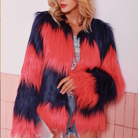 Veste en Fausse Fourrure Femme Mode Color Block Rayé Manches Longues Ouverte Devant Peluche Automne Hiver Chaud