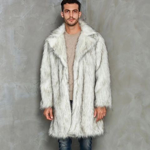 Cappotto Lungo in Pelliccia Sintetica di Lusso da Uomo Invernale Caldo Motivo Volpe delle Nevi Revers Monopetto Giacca di Peluche Spessa