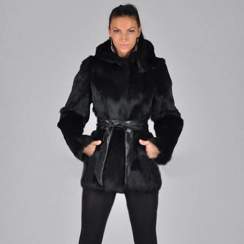 Damen Kunstpelz Mantel Mit Kapuze Und Ledergürtel Schlanke Passform Warm Mittellang Winterjacke Schwarz Elegant Plüsch Oberbekleidung