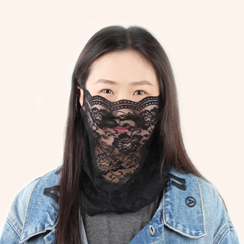 Women's Elegant Lace Face Mask Ear Hanging Floral Pattern Sunscreen Dustproof Breathable Neck Gaiter Decorative Veil Accessory